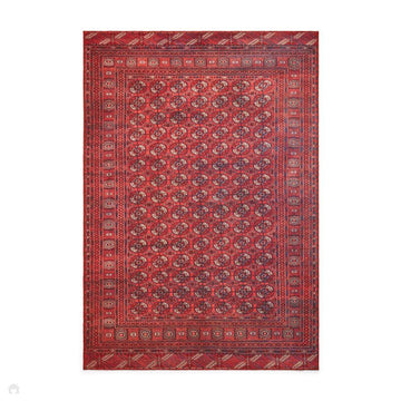 Washable Kashmar 2018 Traditional Bokhara Gul Motif Border Soft Digitally Printed Lightweight Textured Polyester Flatweave Deep Crimson Red/Rust Red/Navy/Ivory/Charcoal Grey Rug-Think Rugs-Rug Love - The Most Loved Rug Store